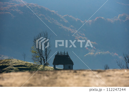 Autumn countryside landscape with wooden houses, thatched roof 112247244