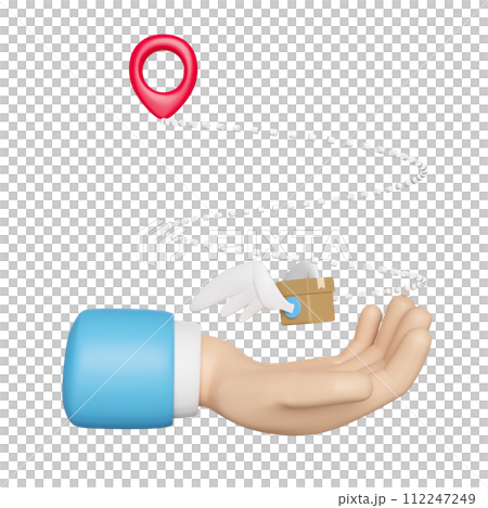 3d goods cardboard box with wing, pin on hand isolated. express delivery route, worldwide shipping concept, 3d illustration render 3d goods cardboard box with wing, pin on hand isolated. express delivery route, worldwide shipping concept, 3d illustration render 112247249