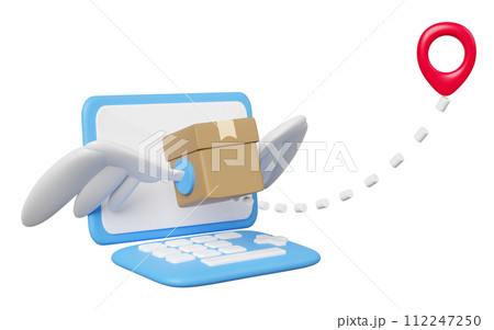laptop computer with goods cardboard box fly, pin isolated. express delivery route, worldwide shipping concept, 3d illustration render laptop computer with goods cardboard box fly, pin isolated. express delivery route, worldwide shipping concept, 3d illustration render 112247250