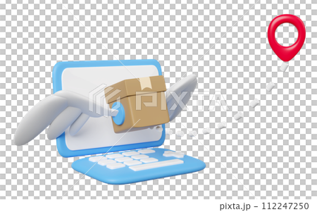laptop computer with goods cardboard box fly, pin isolated. express delivery route, worldwide shipping concept, 3d illustration render laptop computer with goods cardboard box fly, pin isolated. express delivery route, worldwide shipping concept, 3d illustration render 112247250