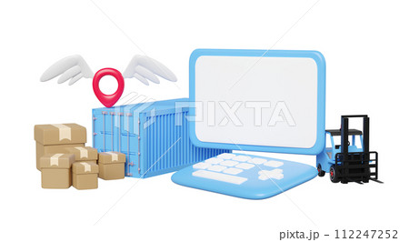 laptop computer with forklift, goods cardboard box, pin isolated. shipping container for import export, logistic service concept, 3d illustration rendering 112247252
