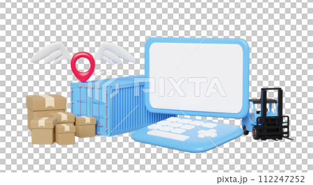 laptop computer with forklift, goods cardboard box, pin isolated. shipping container for import export, logistic service concept, 3d illustration rendering 112247252
