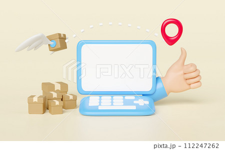 laptop computer with thumbs up, goods cardboard box fly, pin isolated. express delivery route, worldwide shipping concept, 3d illustration render 112247262