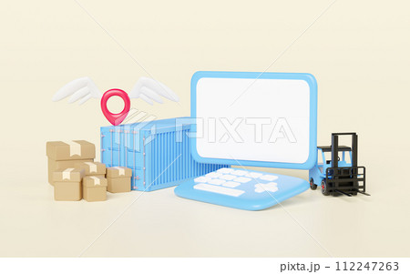 laptop computer with forklift, goods cardboard box, pin isolated. shipping container for import export, logistic service concept, 3d illustration rendering 112247263