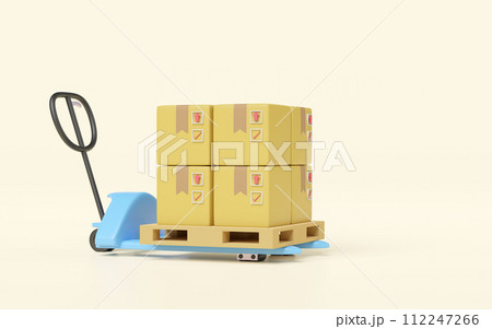 3d blue hand pallet truck with goods cardboard box isolated. 3d illustration render 3d blue hand pallet truck with goods cardboard box isolated. 3d illustration render 112247266