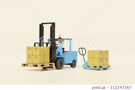 3d forklift with blue hand pallet truck goods cardboard box isolated. 3d illustration render 3d forklift with blue hand pallet truck goods cardboard box isolated. 3d illustration render 112247267