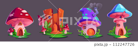 Elf or animal house in mushrooms and tree stump 112247726