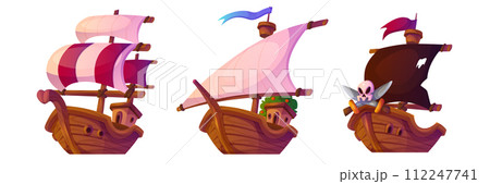 Sail and pirate boat with sails. Cartoon vector 112247741