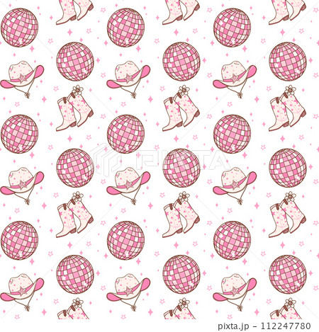 Disco Cowgirl Seamless Pattern Groovy Repeating Background Vibes isolated on background. 112247780