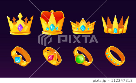 Gold king and queen crown and ring 112247818