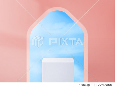 Podium on pink background with arch window Podium on pink background with arch window 112247866