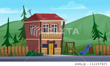 Mountain village street with small house 112247925