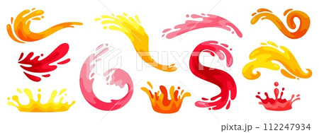 Juice splatter and splashes. Cartoon colorful squirt liquid. Abstract juicy splash, shape, spiral, waves. Fresh fruit juice, organic lemonade, citrus drinks. Vector set 112247934