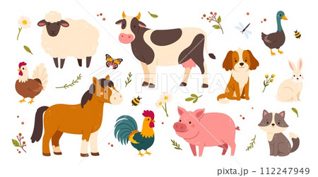 Cute farm animals. Funny cartoon domestic mammals and birds. Rural cattle and poultry. Village pet. Nice pig, cow, cat, dog, duck, chicken, horse. Vector collection Cute farm animals. Funny cartoon domestic mammals and birds. Rural cattle and poultry. Village pet. Nice pig, cow, cat, dog, duck, chicken, horse. Vector collection 112247949