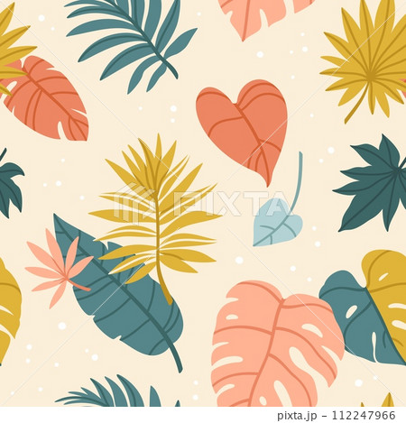 Tropical leaves pattern. Abstract seamless texture with colorful jungle palm leaf. Modern background botanical foliage and floral plants for design. Vector set 112247966