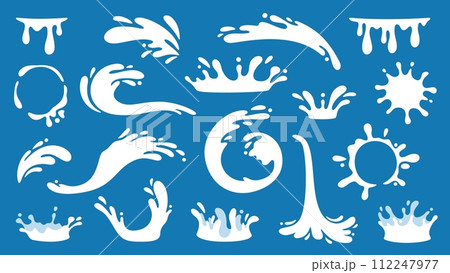 Cartoon milkshake splash. Flat white milk blots and drops, dairy swirl, pour yogurt splashes, milky waves and shapes for logo, emblems, sign. Nature organic dairy products. Vector set 112247977