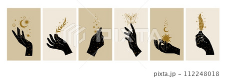 Mystical woman hands. Boho style esoteric and spiritual symbol. Doodle tattoo girl hand with stars. Alchemy objects, sun, moon, butterfly, floral branch. Vector set Mystical woman hands. Boho style esoteric and spiritual symbol. Doodle tattoo girl hand with stars. Alchemy objects, sun, moon, butterfly, floral branch. Vector set 112248018