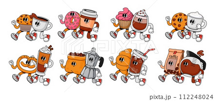Coffee and sweets couples. Cartoon retro 70s breakfast pair in coffee shop and cafe. Mascot happy character drink. Espresso with cupcake, mug cappuccino and cookie. Vector set 112248024