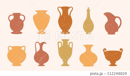 Ceramics vase silhouettes. Different old pottery, decorative vessels, clay pitchers, decor jug. Creative vases shapes in flat style isolated, vector set 112248029