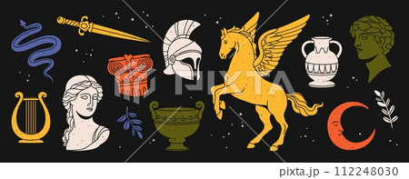 Antique Greek ancient statue. Cartoon classic Greece female and male sculptures, marble head, gypsum body. Mythical sculptural elements, pegasus and branches. Vector collection Antique Greek ancient statue. Cartoon classic Greece female and male sculptures, marble head, gypsum body. Mythical sculptural elements, pegasus and branches. Vector collection 112248030