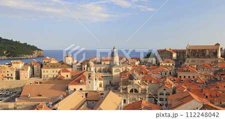 Aerial view of old Town of Dubrovnik on coast of Adriatic Sea, Croatia, Europe 112248042