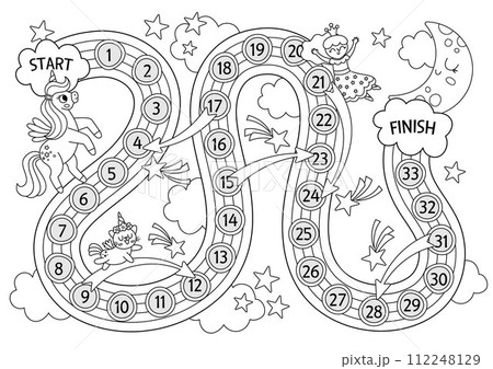 Unicorn black and white dice board game for children shaped as rainbow. Fairytale line boardgame with fantasy animals, fairy, moon, stars. Magic world printable activity, worksheet, coloring page Unicorn black and white dice board game for children shaped as rainbow. Fairytale line boardgame with fantasy animals, fairy, moon, stars. Magic world printable activity, worksheet, coloring page 112248129