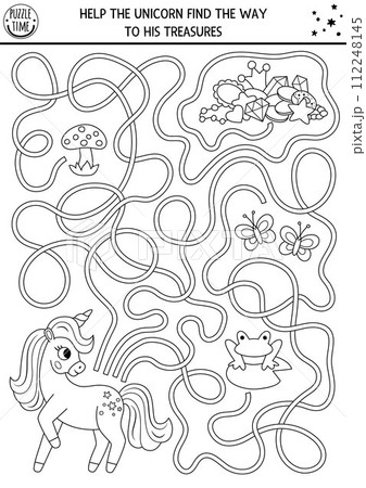 Unicorn black and white maze for kids with fantasy horse and treasures. Magic printable line activity or coloring page with crystal, crown, gems, butterfly, frog. Fairytale labyrinth game, puzzle Unicorn black and white maze for kids with fantasy horse and treasures. Magic printable line activity or coloring page with crystal, crown, gems, butterfly, frog. Fairytale labyrinth game, puzzle 112248145