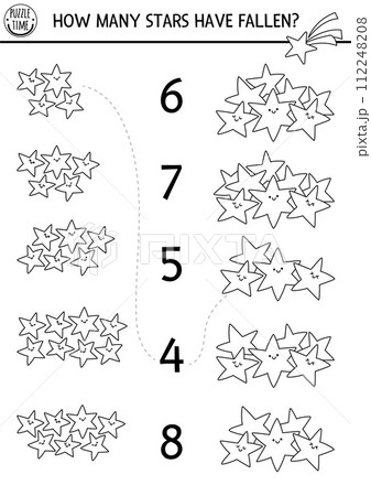 Black and white match the numbers unicorn game with smiling fallen stars. Magic, fairytale or space line math activity for preschool kids. Fantasy world educational counting worksheet, coloring page 112248208
