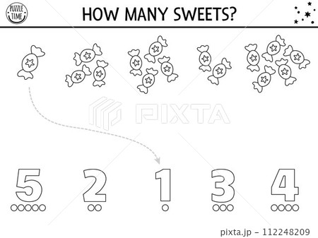 Black and white match the numbers unicorn game with sweets. Magic, fairytale math activity for kids. Fantasy world educational counting worksheet or coloring page with candies and stars Black and white match the numbers unicorn game with sweets. Magic, fairytale math activity for kids. Fantasy world educational counting worksheet or coloring page with candies and stars 112248209