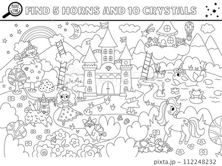 Vector black and white unicorn searching game with magic village landscape. Spot hidden crystals and horns. Fantasy or fairytale world seek and find printable activity or coloring page for kids 112248232