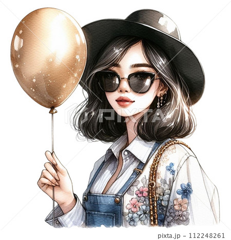 cute woman holding balloons clipart watercolor  112248261