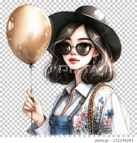 cute woman holding balloons clipart watercolor  112248261