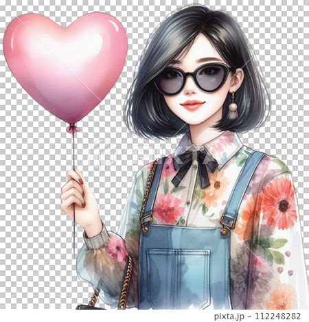 cute woman holding balloons clipart watercolor  112248282