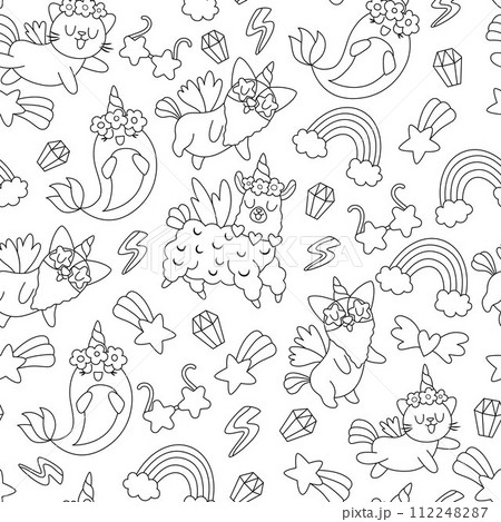 Vector black and white seamless pattern for unicorn birthday party. Repeat background with fantasy animals with horns, falling star, crystal, rainbow. Fairytale digital paper or coloring page Vector black and white seamless pattern for unicorn birthday party. Repeat background with fantasy animals with horns, falling star, crystal, rainbow. Fairytale digital paper or coloring page 112248287