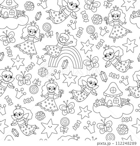 Vector black and white seamless pattern for unicorn or little princess birthday party. Repeat background with stars, rainbow, fairy, flowers, butterflies. Fantasy, fairytale digital paper, coloring Vector black and white seamless pattern for unicorn or little princess birthday party. Repeat background with stars, rainbow, fairy, flowers, butterflies. Fantasy, fairytale digital paper, coloring 112248289