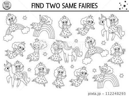 Find two same fairy girls coloring page. Magic world matching activity for children. Fantasy, fairytale educational quiz worksheet for kid. Simple black and white printable game with little princess 112248293