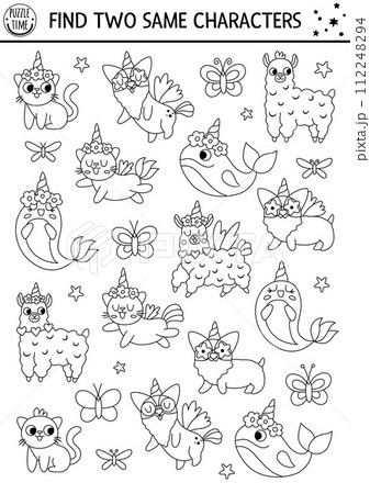 Find two same unicorn animals. Magic world black and white matching activity for children. Fantasy or fairytale educational line quiz worksheet for kids. Simple printable game or coloring page 112248294