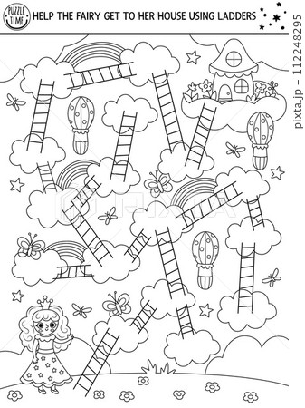 Unicorn maze for kids with little princess, rainbow. Magic world preschool printable activity. Black and white fairytale labyrinth game, puzzle or coloring page. Help the fairy get to her house 112248295