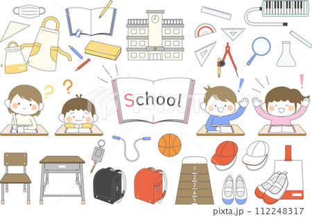 学校生活で使うものと子供のイラストセット(カラフル) 112248317