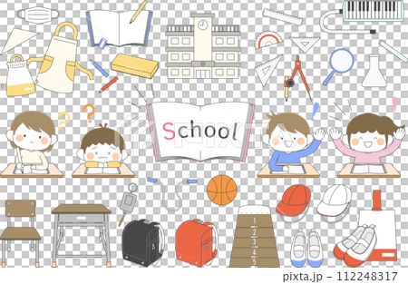 学校生活で使うものと子供のイラストセット(カラフル) 112248317