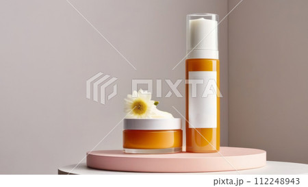 The photo features two blank cosmetic jars on a white platform with vibrant flowers in a vase against a soft pink background, ideal for a beauty mockup The photo features two blank cosmetic jars on a white platform with vibrant flowers in a vase against a soft pink background, ideal for a beauty mockup 112248943
