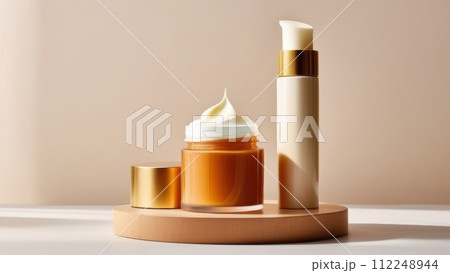 The photo features two blank cosmetic jars on a white platform with vibrant flowers in a vase against a soft pink background, ideal for a beauty mockup The photo features two blank cosmetic jars on a white platform with vibrant flowers in a vase against a soft pink background, ideal for a beauty mockup 112248944