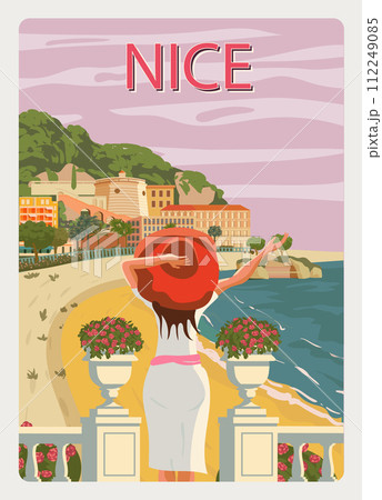 Nice French Riviera coast poster vintage. Woman on vacation, resort, coast, sea, beach. Retro style illustration vector Nice French Riviera coast poster vintage. Woman on vacation, resort, coast, sea, beach. Retro style illustration vector 112249085