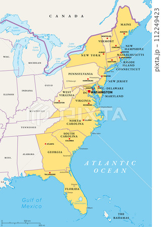 East or Atlantic Coast of the United States, political map. Eastern Seaboard states with coastline on Atlantic Ocean highlighted in yellow and states considered part of the East Coast in light yellow. 112249423