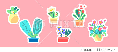 Sticker set of spring indoor plants. Flowers and leaves in the pot. Flowering plants. Blooming flowers and foliage. Flat graphic vector illustration on white background. Colorful hand drawn 112249427
