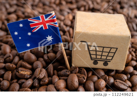 Australia flag with shopping cart on coffee bean, import export trade online commerce. 112249621