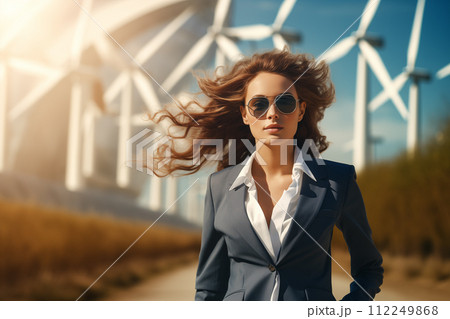 Fashionable young woman in blue jacket and sunglasses posing on wind turbines background. Renewable energy entrepreneur 112249868
