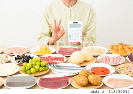 色々な食材と電卓を持って丸サインをするミドル女性 112250653