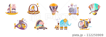 Cute Baby Animal Ride Transport Enjoy Journey Vector Set 112250909