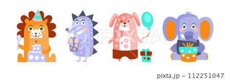 Funny Animal Celebrate Happy Birthday Holiday Vector Set Funny Animal Celebrate Happy Birthday Holiday Vector Set 112251047